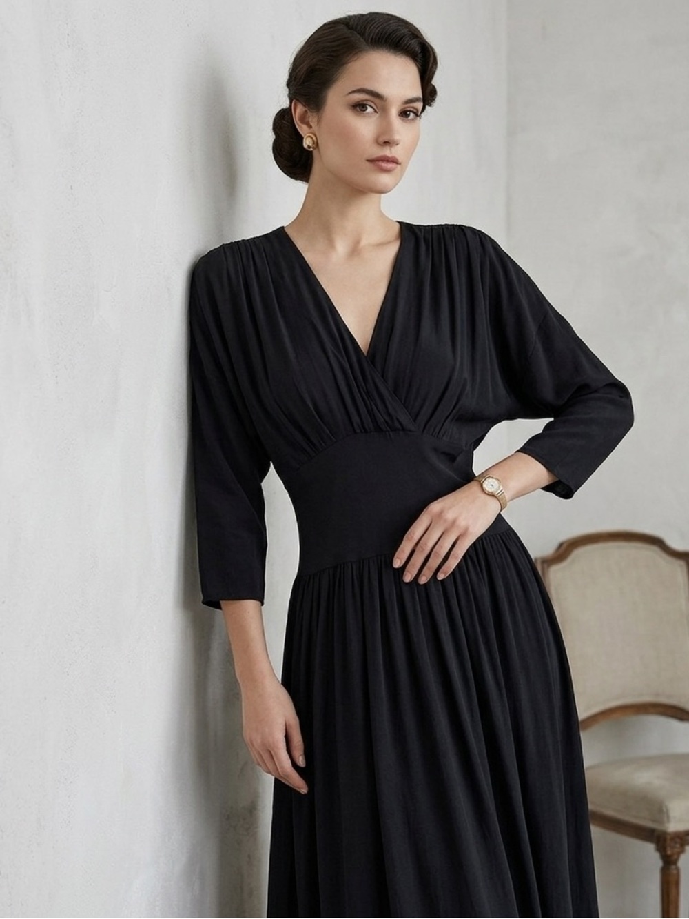 Vintage Kenar 2 Black Long Sleeve Dress, V-neck, 80s, Size 8 Maxi Midi